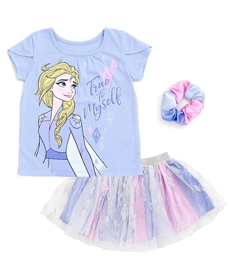 Frozen Little Girls Disney Princess Moana T-Shirt Tulle Skirt and Scrunchie 3 Piece Outfit Set