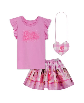 Barbie Little Girls Tank Top, Satin Skirt and Crossbody Bag 3 Piece Outfit Set
