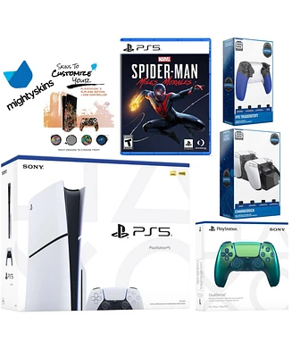 Sony Playstation 5 Slim Disc Bundle with Spider-Man: Miles Morales, Extra Volcanic Red Controller, Trigger Stop Kit, Dual Charge Dock and MightySkins