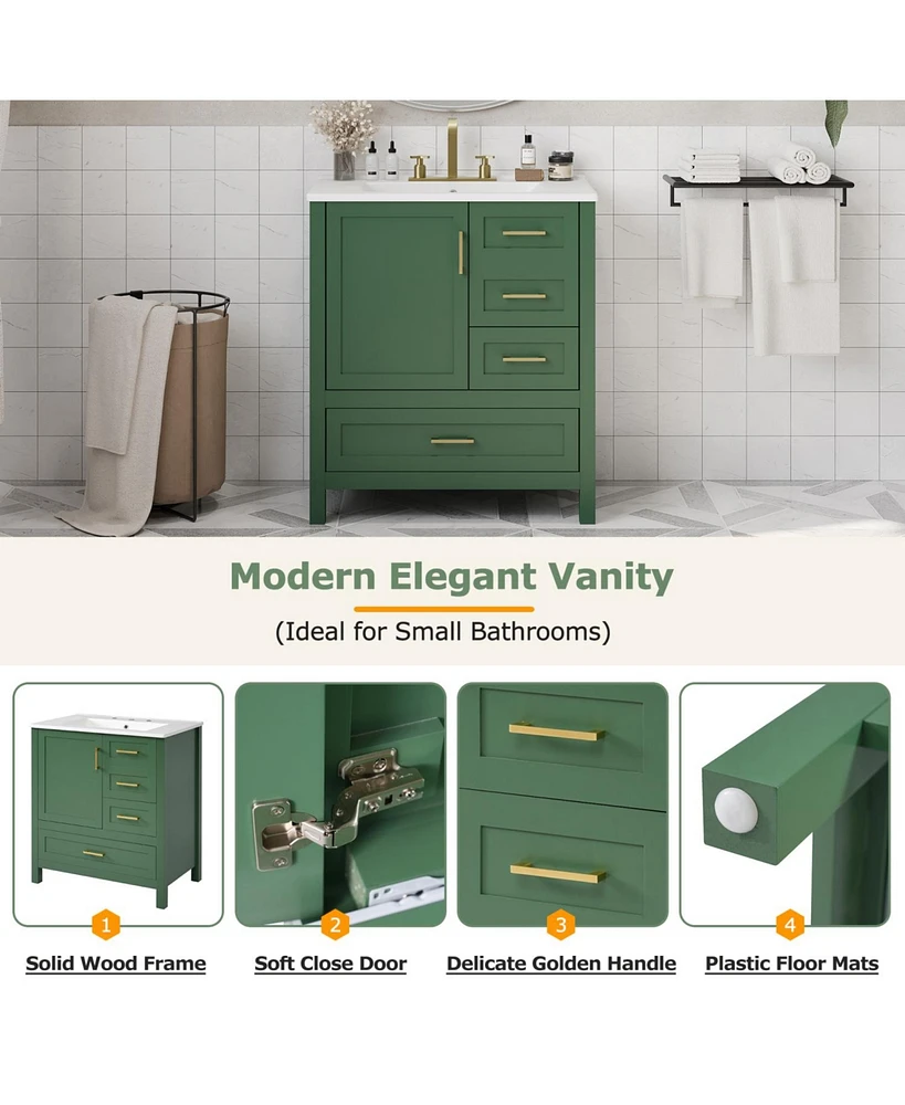 30" Green Bathroom Vanity Set with Sink, Storage Cabinet, Soft Close Drawers, Removable Tray