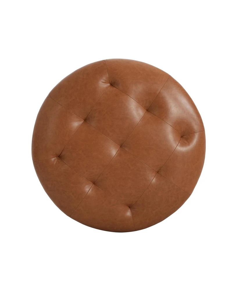 Upholstered Button Tufted Round Ottoman, Pu, Orange Brown