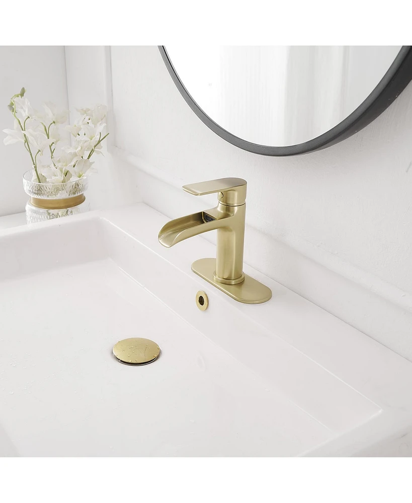 Waterfall Single Hole Single-Handle Low-Arc Bathroom Faucet With Pop-up Drain Assembly Brushed Nickel
