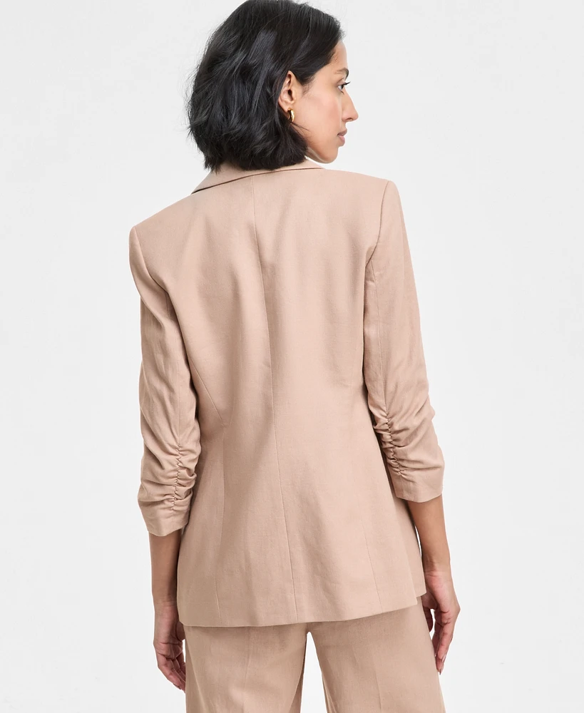 Bar Iii Women's Ruched-Sleeve Open-Front Linen Blazer