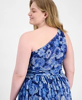 B Darlin Trendy Plus Size Printed One-Shoulder Gown