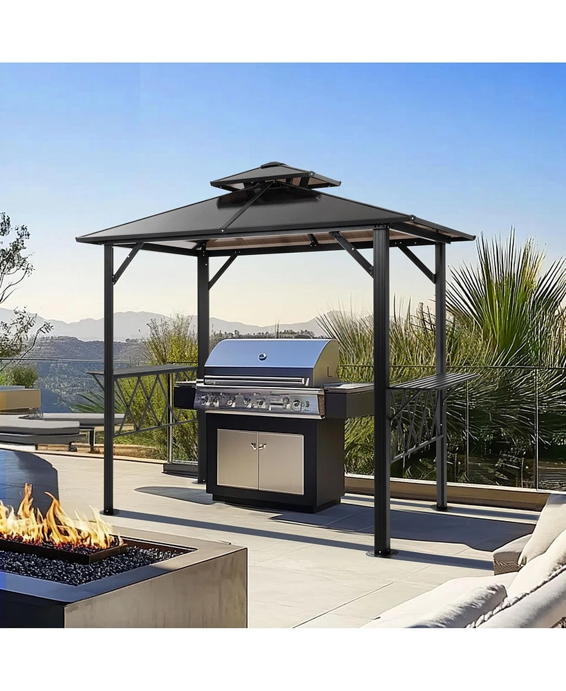 8×5 Feet Gray Hardtop Grill Gazebo Canopy with 2-Tier Pc Roof with Side Shelves