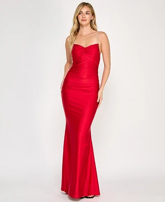 Crystal Doll Juniors' Rhinestone-Strap Lace-Up-Back Gown