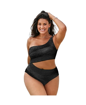 Swimsuits for All Women's One Shoulder Color Block Cutout Piece Swimsuit