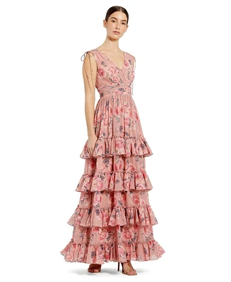 Mac Duggal Women's Drawstring Shoulder Floral Chiffon Tiered Gown