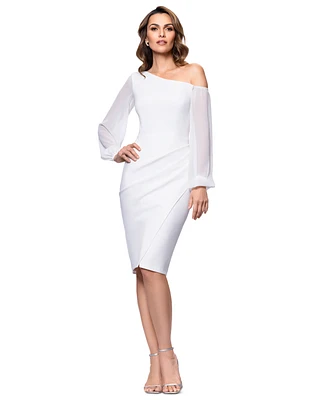Betsy & Adam Women's Asymmetric-Neck Sheer-Sleeve Dress