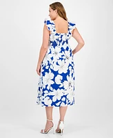 Anne Klein Plus Floral-Print Smocked Ruffled-Sleeve Cotton Midi Dress