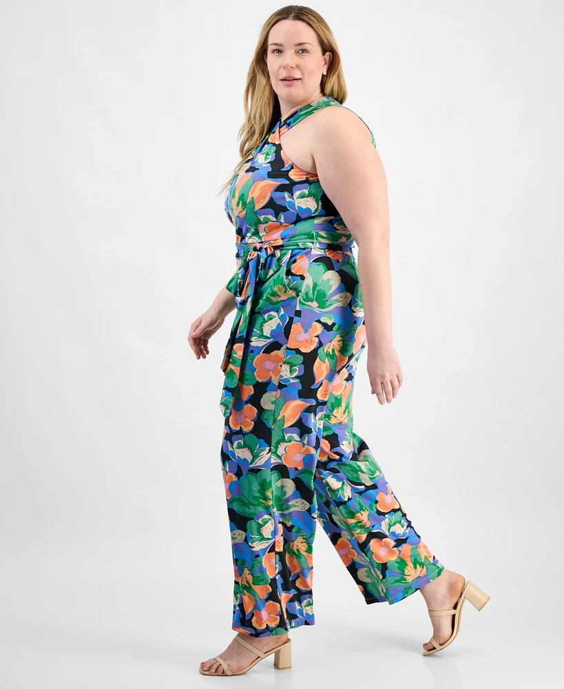 Tahari Plus Twist Halter-Neck Jersey Jumpsuit