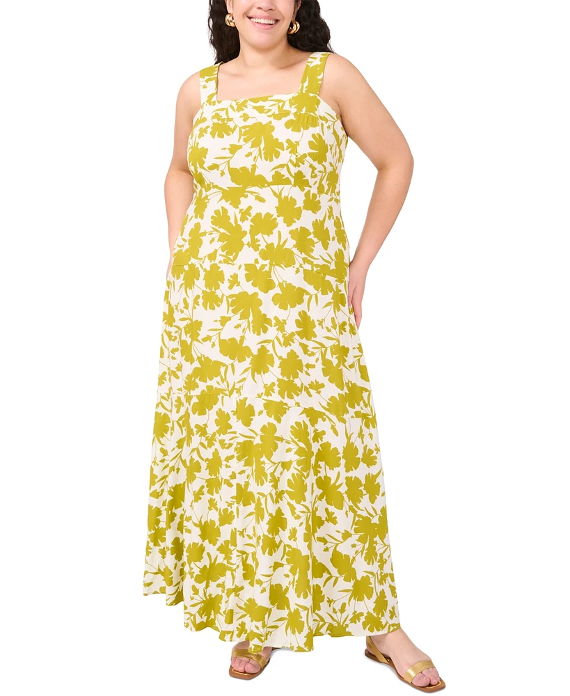 Vince Camuto Plus Printed Square-Neck Smocked-Back Sleeveless Maxi Dress