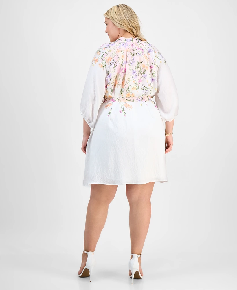 Sandra Darren Plus Placed-Floral Tie-Waist Shift Dress