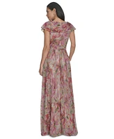 Jessica Howard Women's Metallic Floral-print V-neck Surplice Gown
