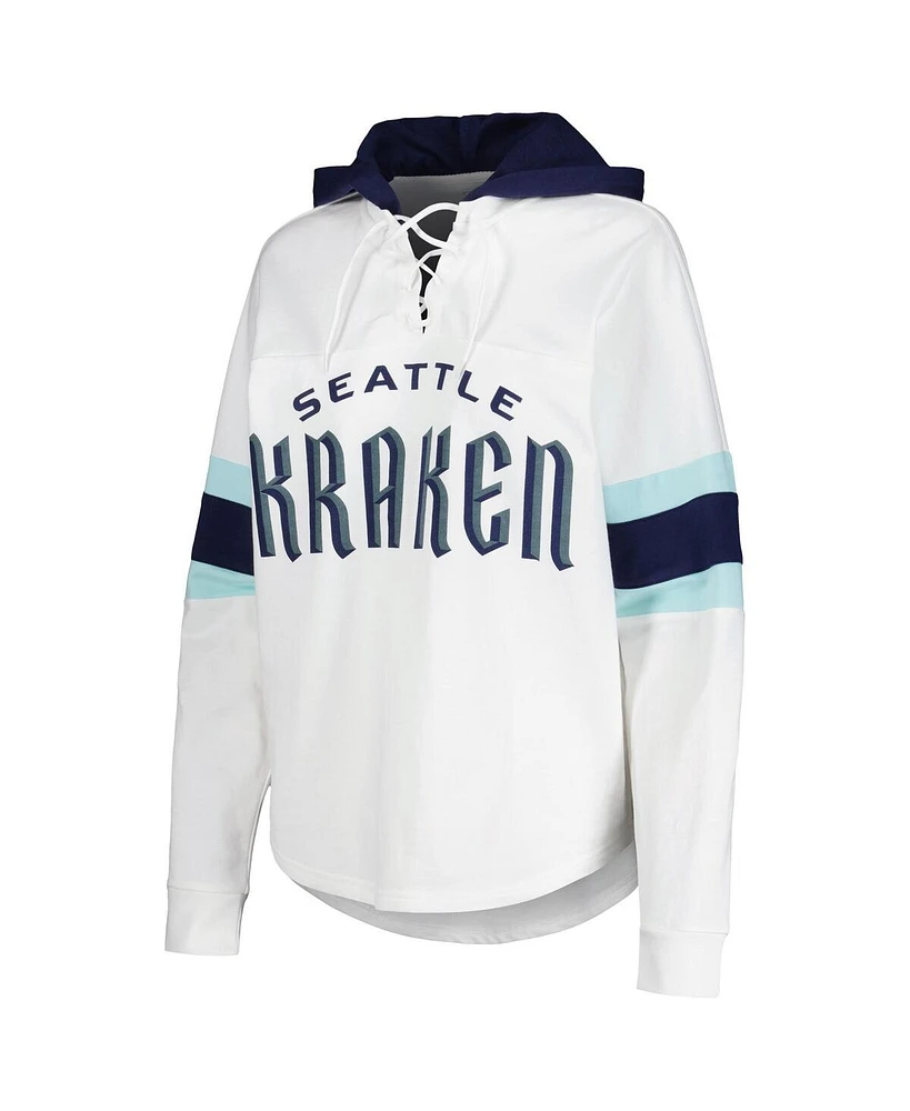 G-iii 4Her by Carl Banks Women's White/Deep Sea Blue Seattle Kraken Goal Zone Long Sleeve Lace-Up Hoodie T-Shirt