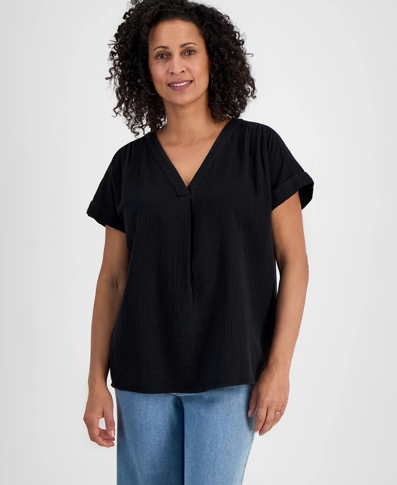 Style & Co Women's Cotton Gauze V-Neck Short-Sleeve Top