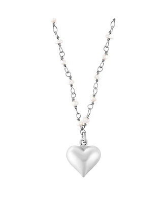 Adornia Fine Freshwater Pearl Rosary with Heart Pendant Necklace black rhodium .925 sterling silver