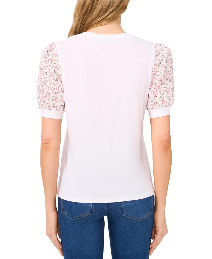 CeCe Women's Puff-Sleeve Mixed-Media Top