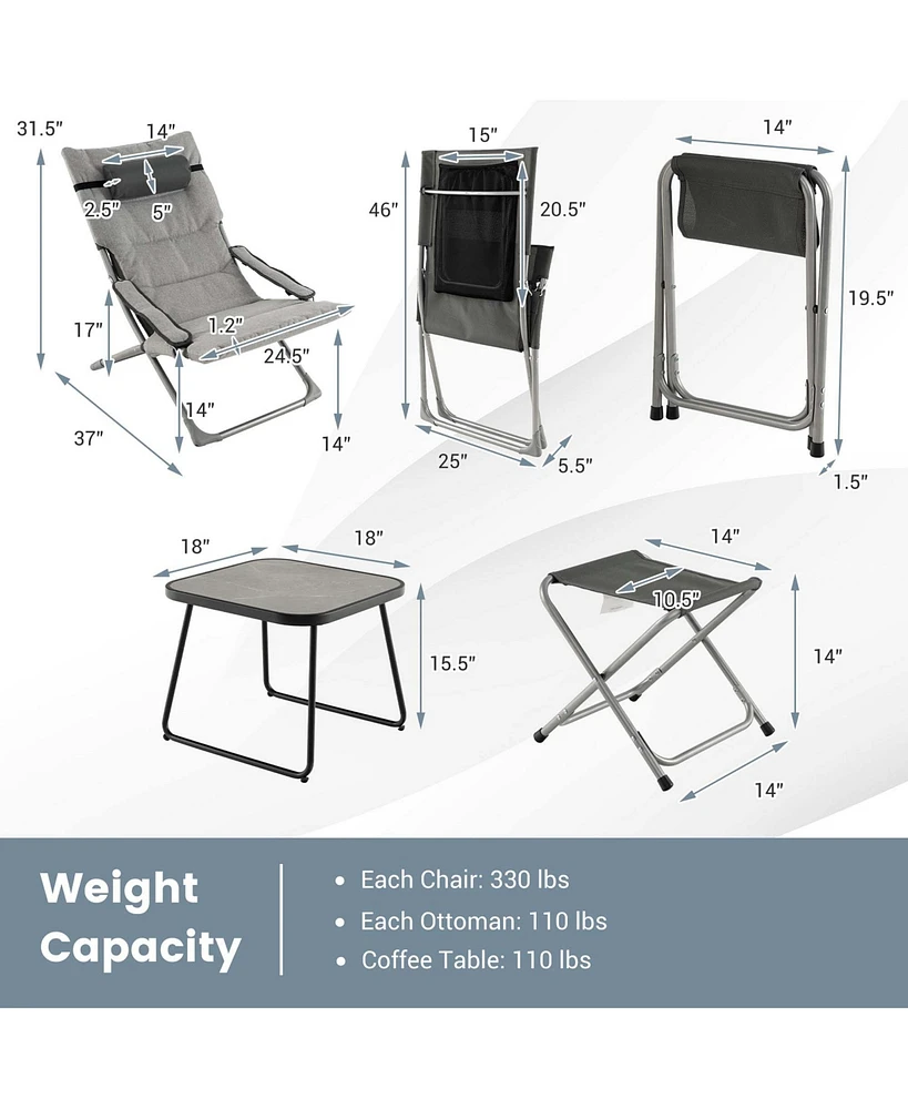 5pcs Patio Folding Sling Chair Set Ottoman Table Portable Headrest Outdoor Beach