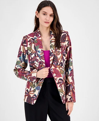 Tahari Women's Printed Notch Collar One-Button Blazer