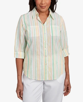 Alfred Dunner Petite Rise & Shine Sunny Stripes Button Down Top