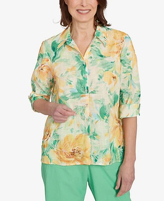 Alfred Dunner Petite Rise & Shine Watercolor Floral Tie Sleeve Button Down Top