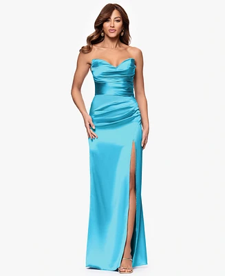 Blondie Nites Juniors' Strapless Side-Slit Satin Dress