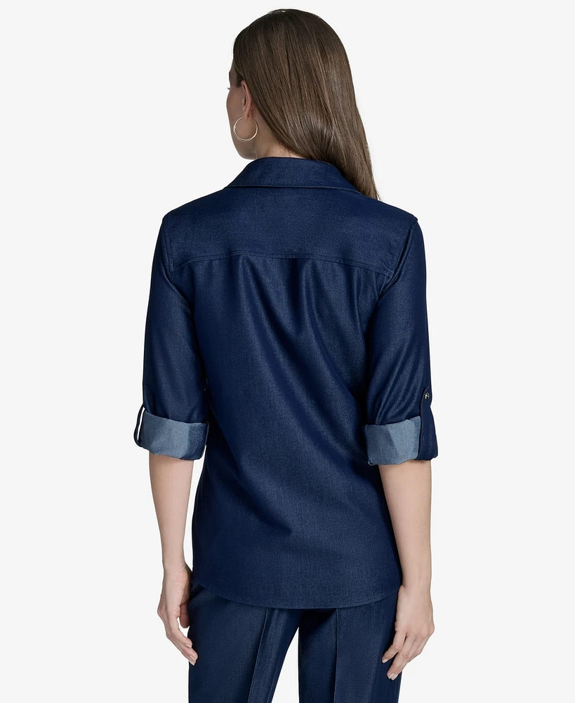 Halston Women's Collared Roll-Tab-Sleeve Button-Front Shirt
