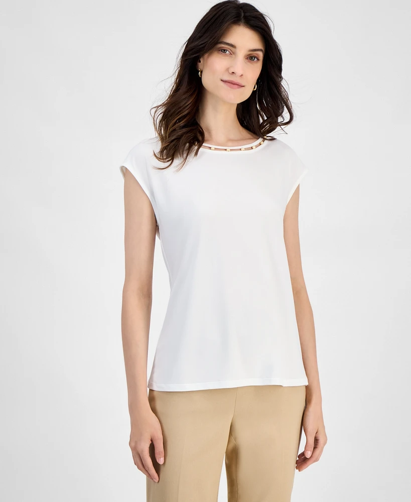 Kasper Women's Beaded-Trim Extended-Shoulder Top, Regular & Petite Sizes