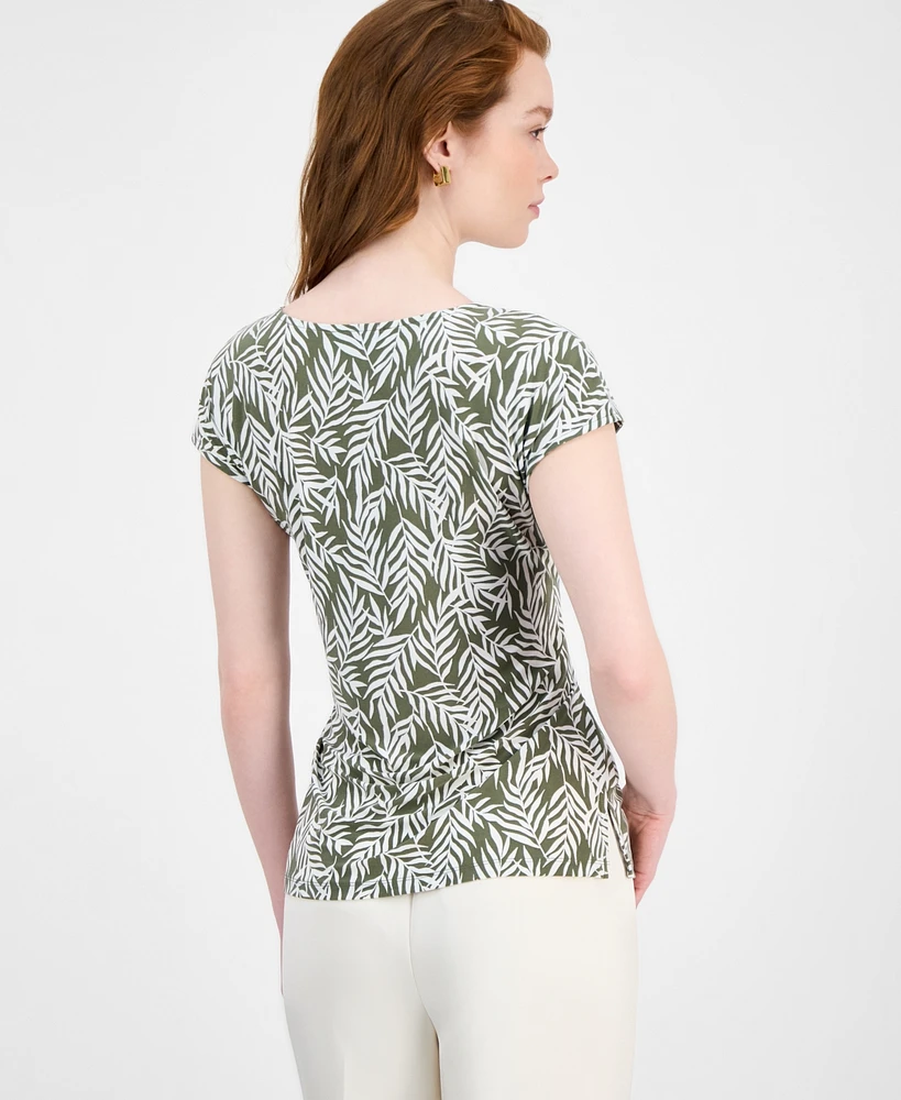 Kasper Women's Leaf-Print Tie-Waist Cap-Sleeve Top