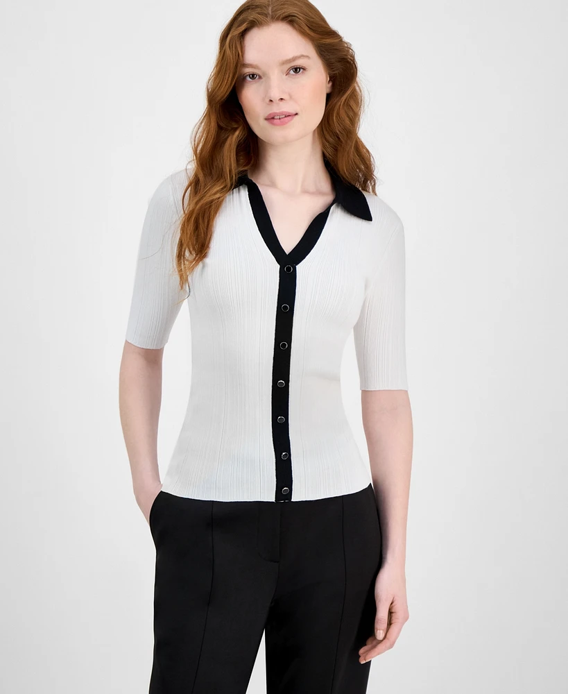 T Tahari Women's Split-Neck Contrast-Trim Sweater