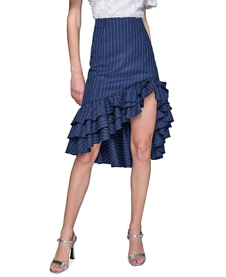 Karl Lagerfeld Paris Women's Pinstriped Asymmetrical Ruffled Skirt