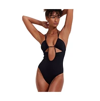 Flirtt Gottex Women's Solid Deep Plunge Cut Out Halter One Piece Swimsuit
