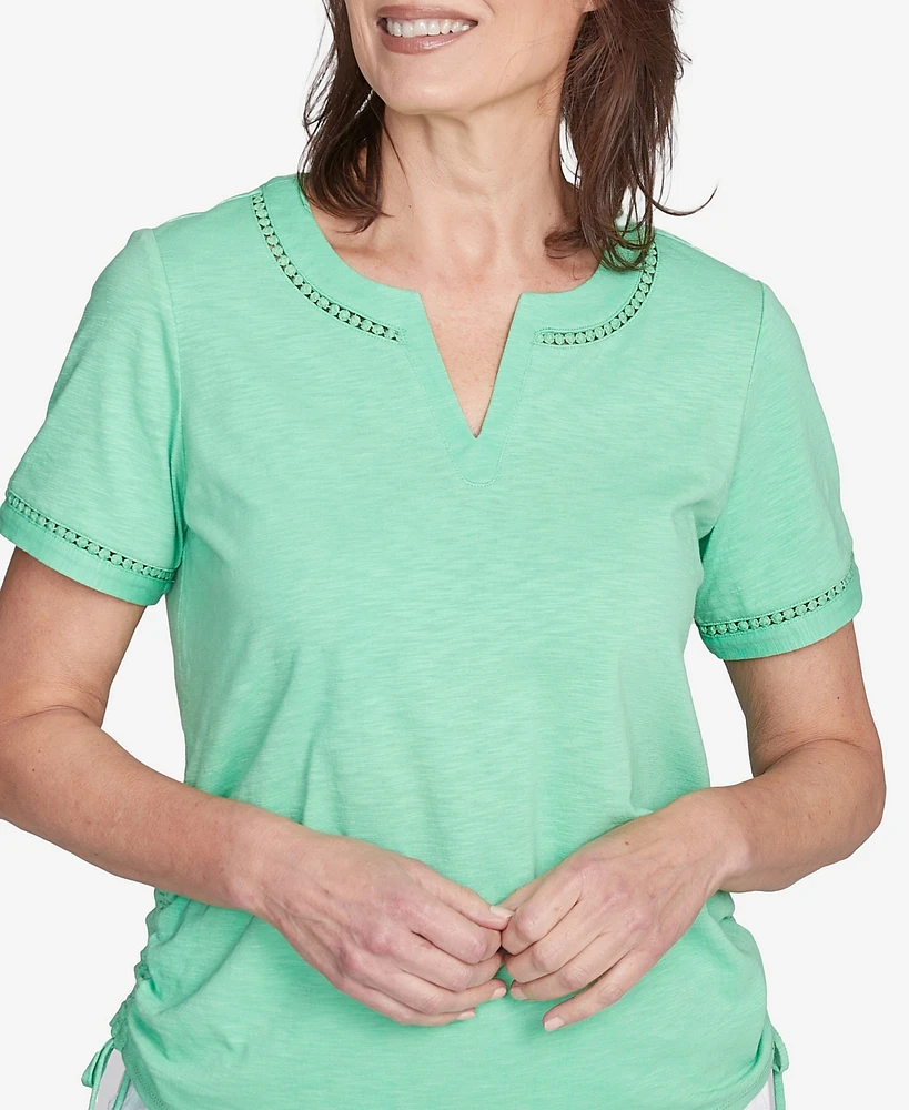 Alfred Dunner Women's Rise Shine Dot Lace Trimmed Short Sleeve Round Neck T-Shirt
