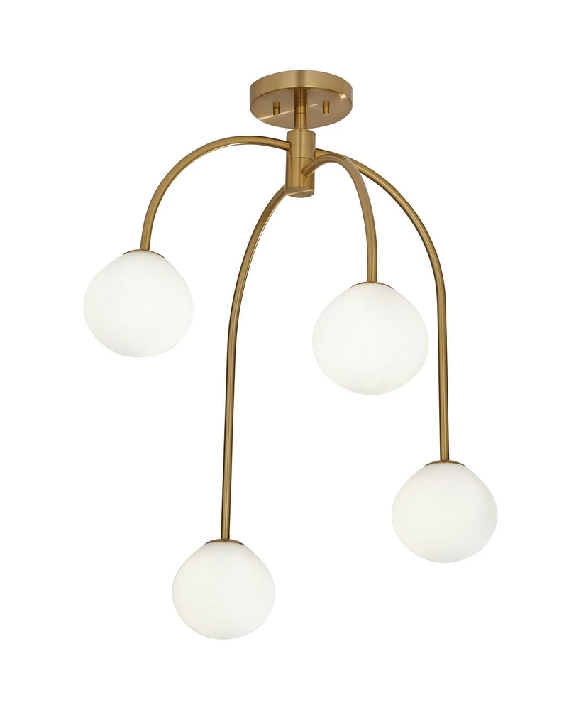 Clara 26" Mid Century Modern 4-Light Semi Flush-Mount Ceiling Light Fixture Kitchen Foyer Hallway Warm Brass Finish White Glass Bedroom Bathroom