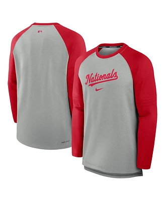 Nike Men's Heather Gray/Red Washington Nationals Authentic Collection Game Time Raglan Performance Long Sleeve T-Shirt