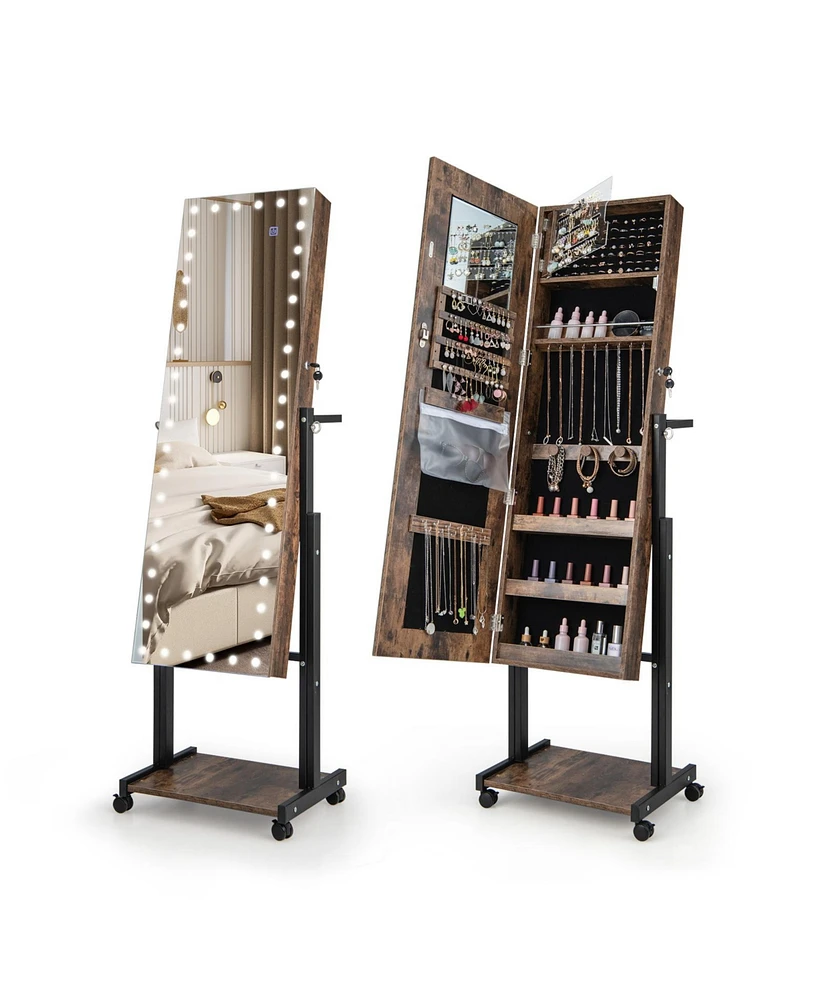 3-Color 46 Led Lights Mirror Jewelry Cabinet Armoire Adjustable Height with Wheels