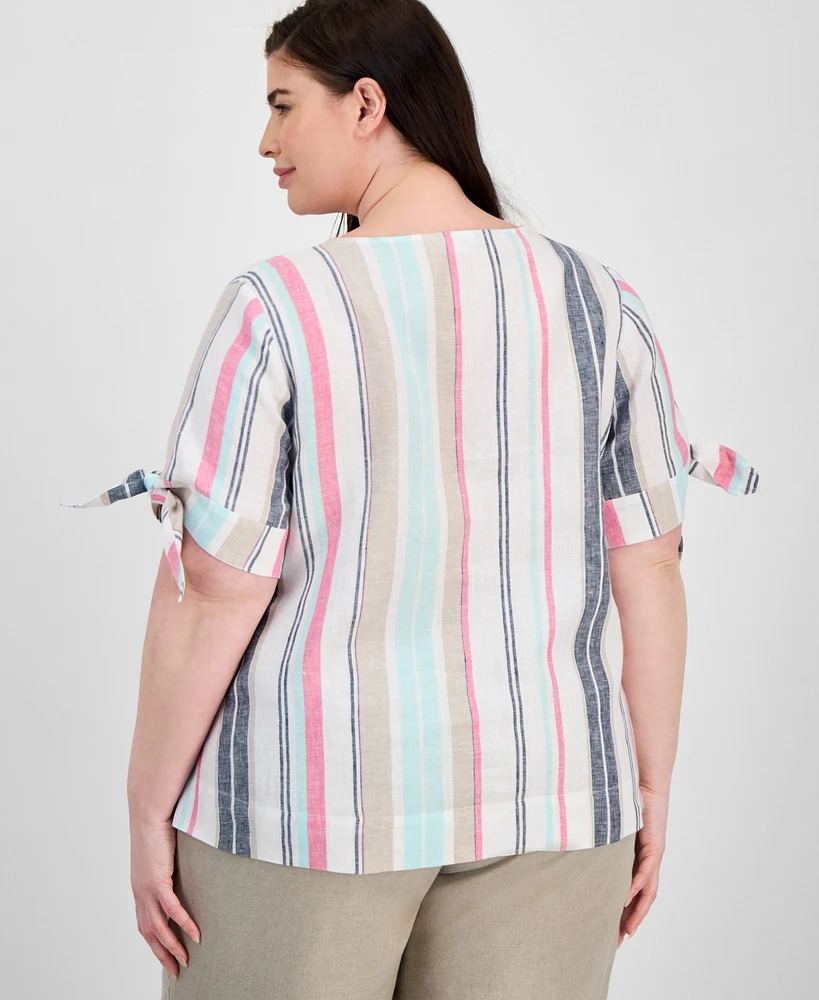 Charter Club Plus Linen Striped Tie-Sleeve Blouse, Exclusively at Macy's