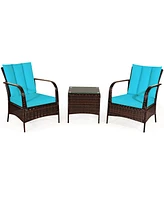 3 Pcs Patio Wicker Rattan Furniture Set Coffee Table & 2 Rattan Chair