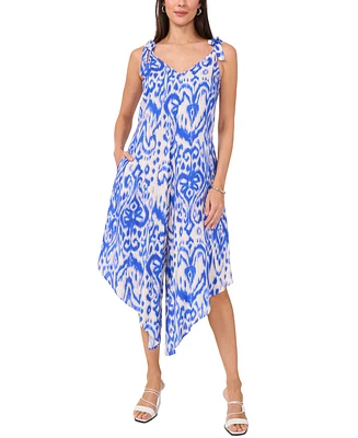 Vince Camuto Women's Printed V-Neck Sleeveless Tie-Shoulder Angled-Hem Jumpsuit