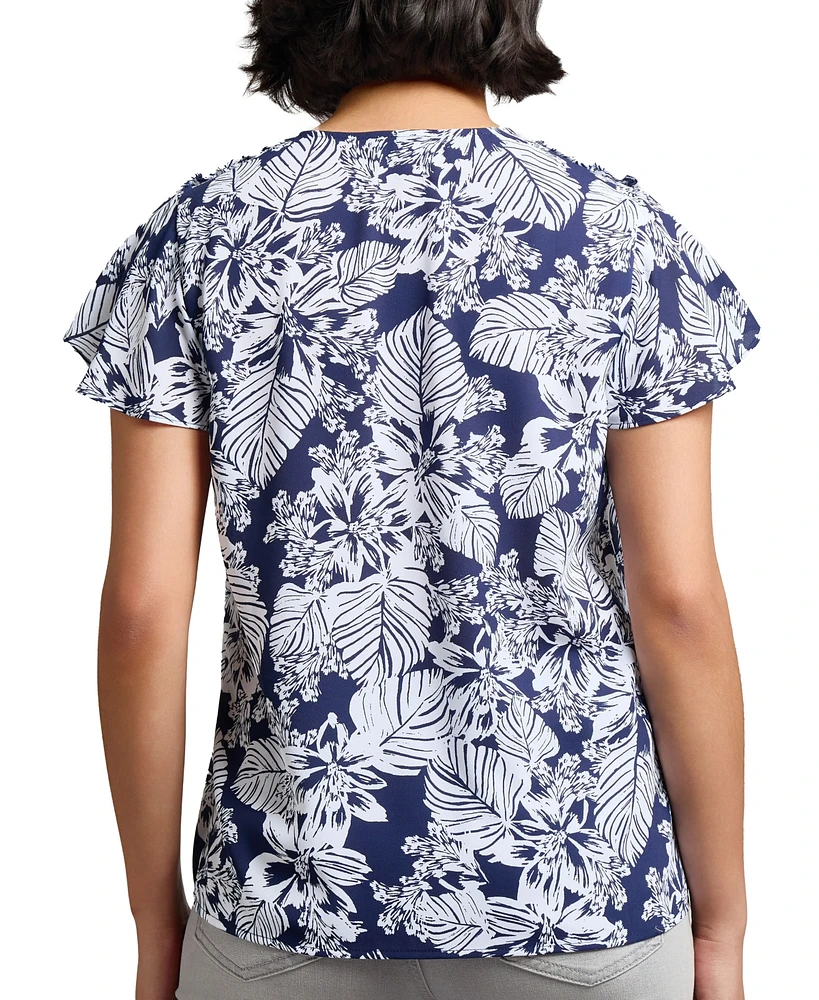 Jones New York Women's Floral-Print Flutter-Sleeve Top