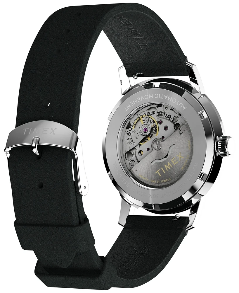Timex Men's Mechanical Automatic Black Leather Strap Watch, 40mm