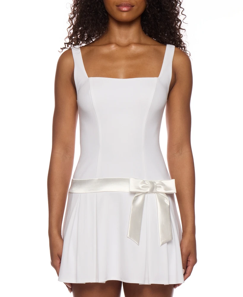 B Darlin Juniors' Drop-Waist Square-Neck Bow-Trim Dress