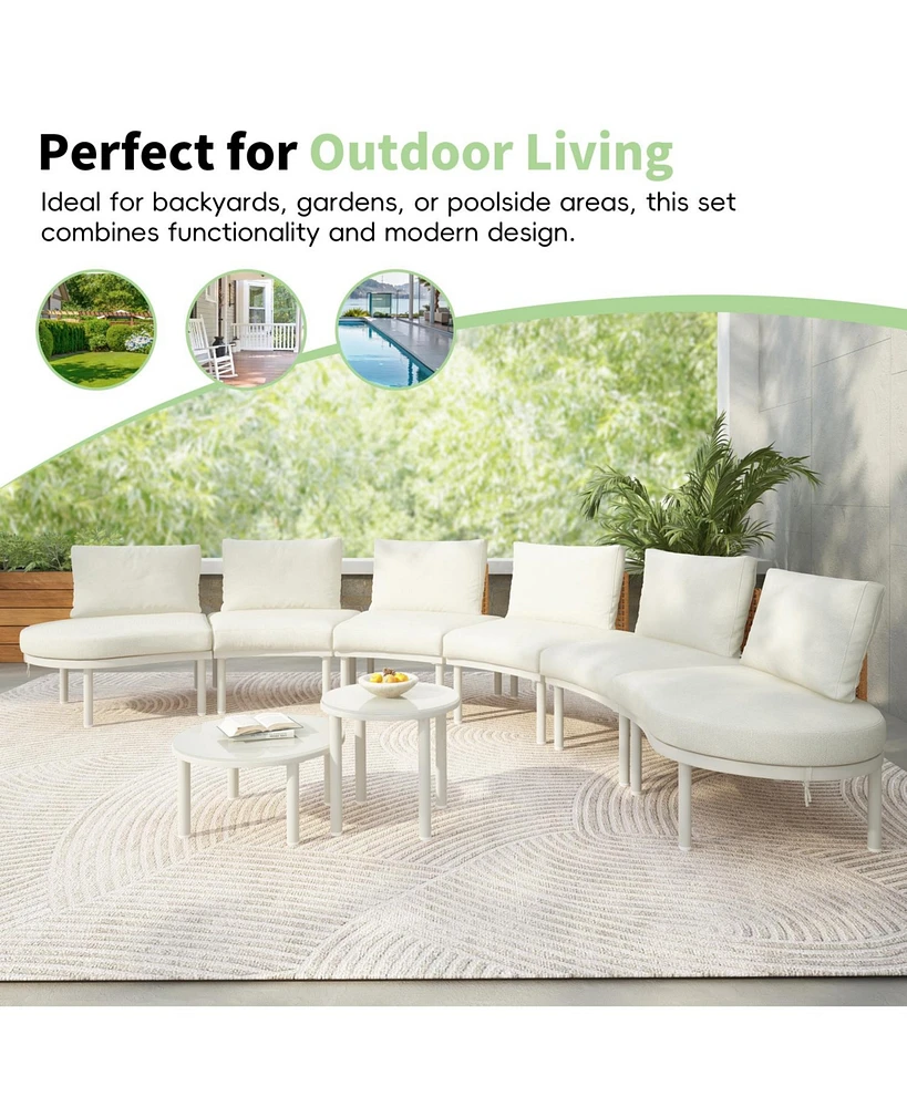 8-Pc Half Moon Patio Sofa Set, Wicker, Glass Tables, Cushions & Pillows, Beige