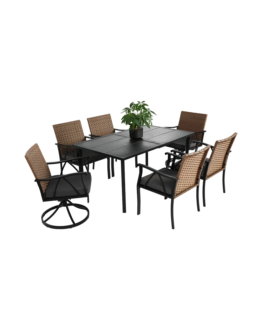 7pc Patio Dining Set, Wicker, Swivel Rockers, Cushions, Table