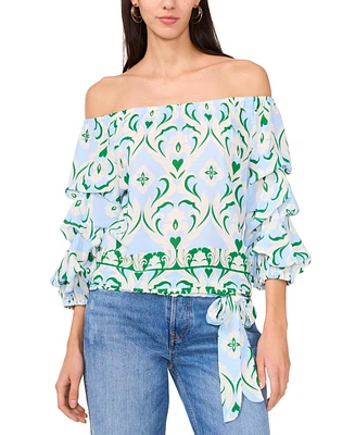 Vince Camuto Women's Printed Off-The-Shoulder Bubble 3/4-Sleeve Tie-Front Blouse