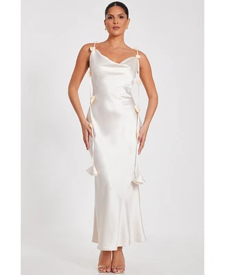 Quiz Women's Satin Cowl Neck Maxi Dress With Trailing Floral Trim