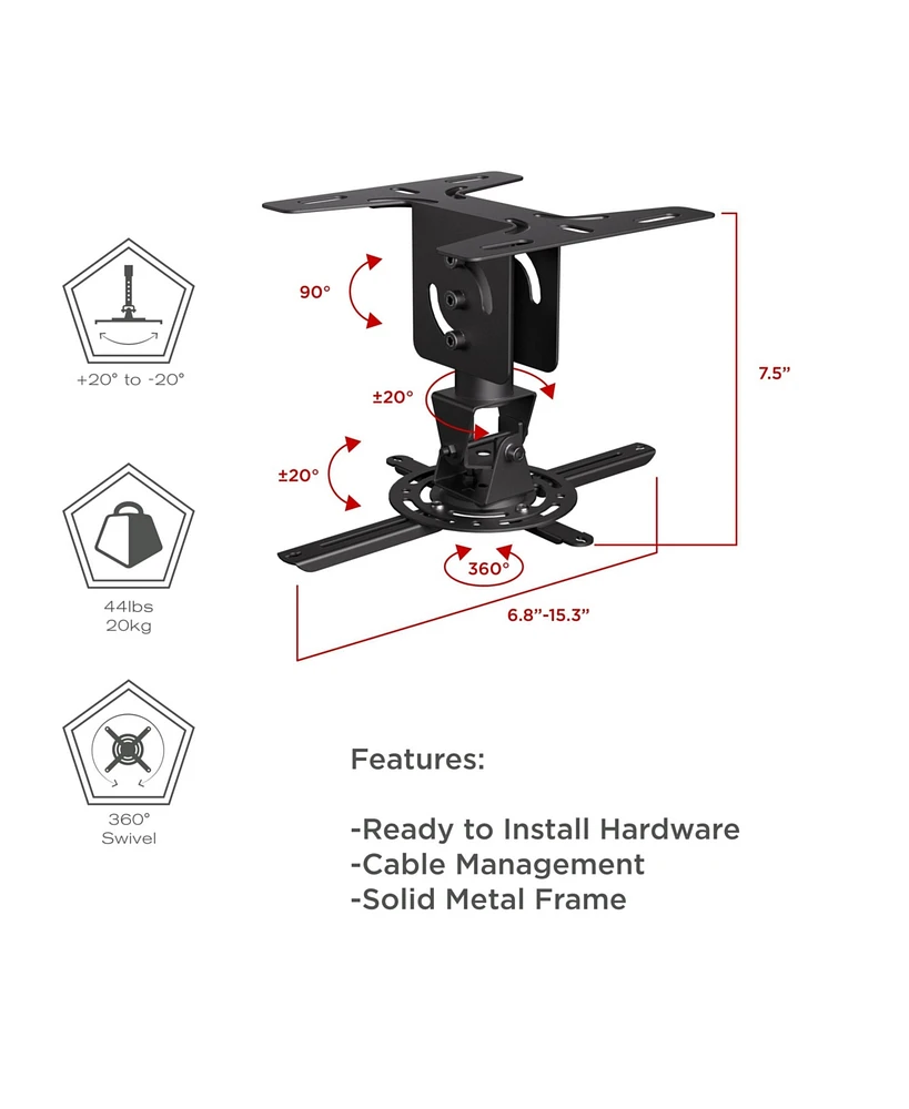 ProMounts Premium Universal Overhead Ceiling Projector Mount, Supports up to 44lbs