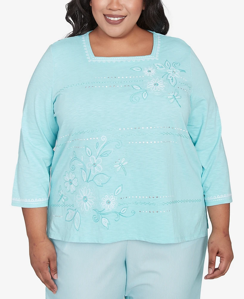 Alfred Dunner Plus Size St. Thomas Asymmetrical Dragonfly Embroidery Top