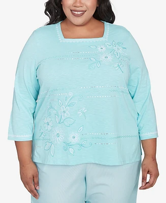Alfred Dunner Plus Size St. Thomas Asymmetrical Dragonfly Embroidery Top